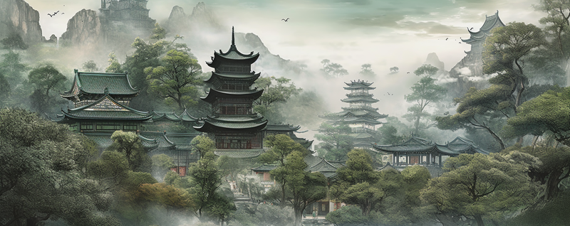 中国复古彩色水墨风景国画山中建筑,插画/手绘图,插画/手绘图库,插画/手绘图下载,插画/手绘